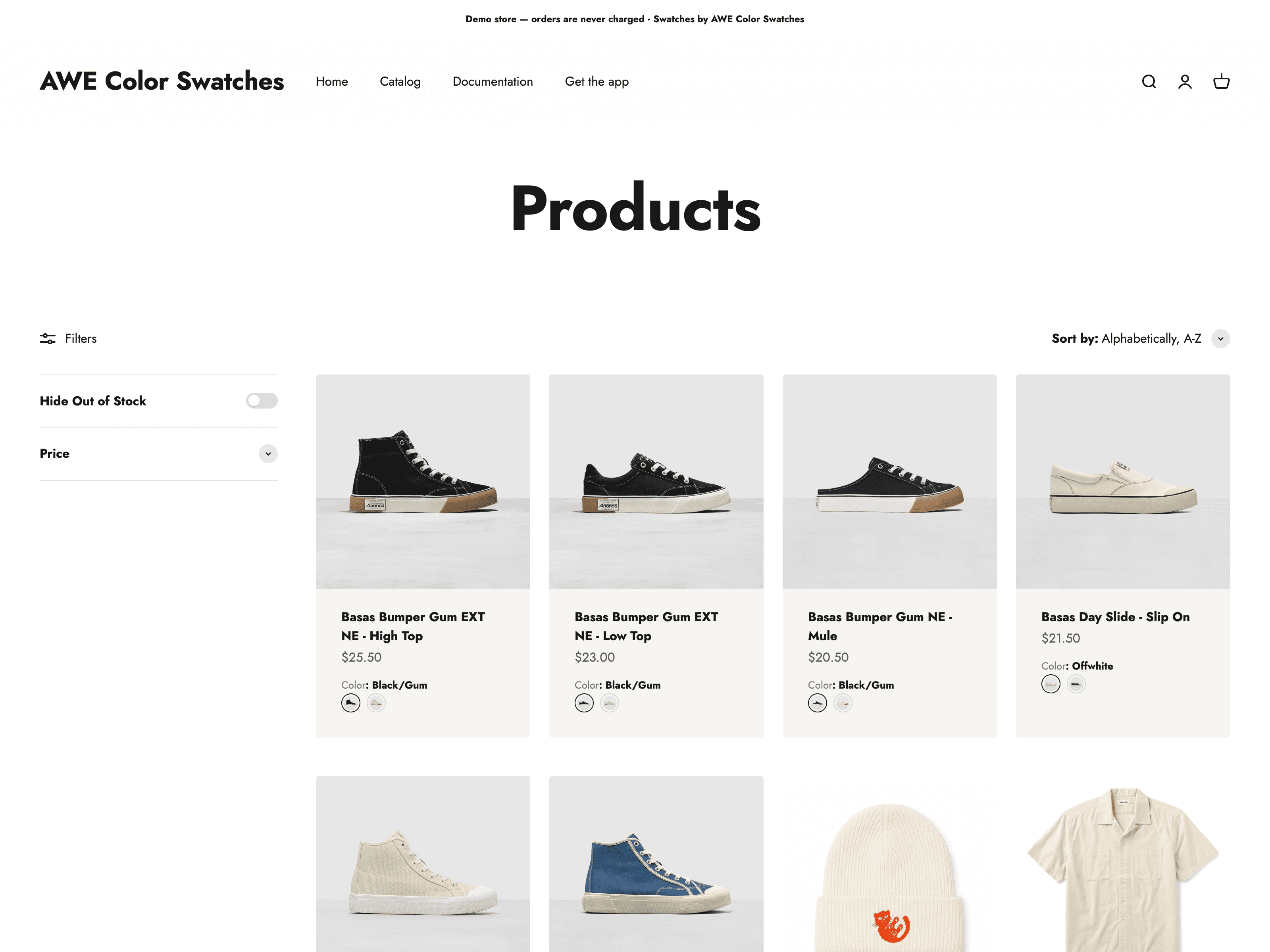 A Shopify collection grid displaying AWE swatches beneath product cards