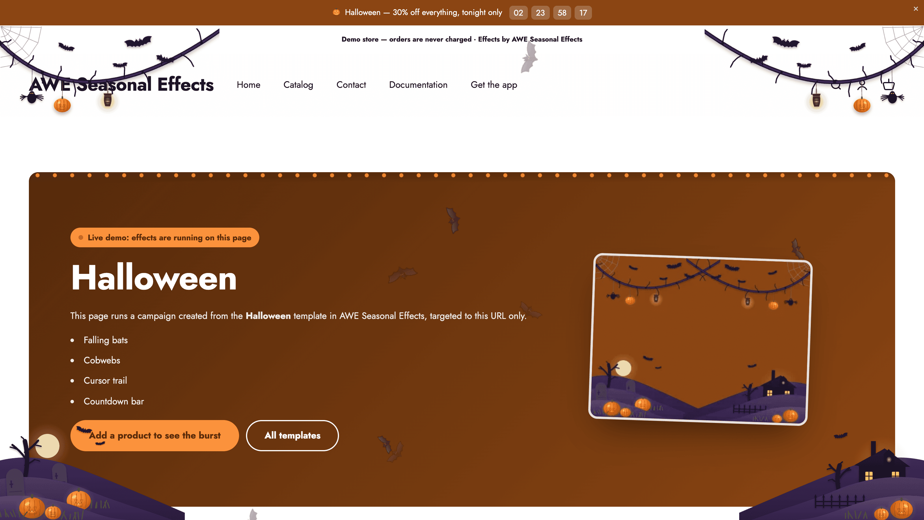 Halloween decorations and effects for a Shopify storefront