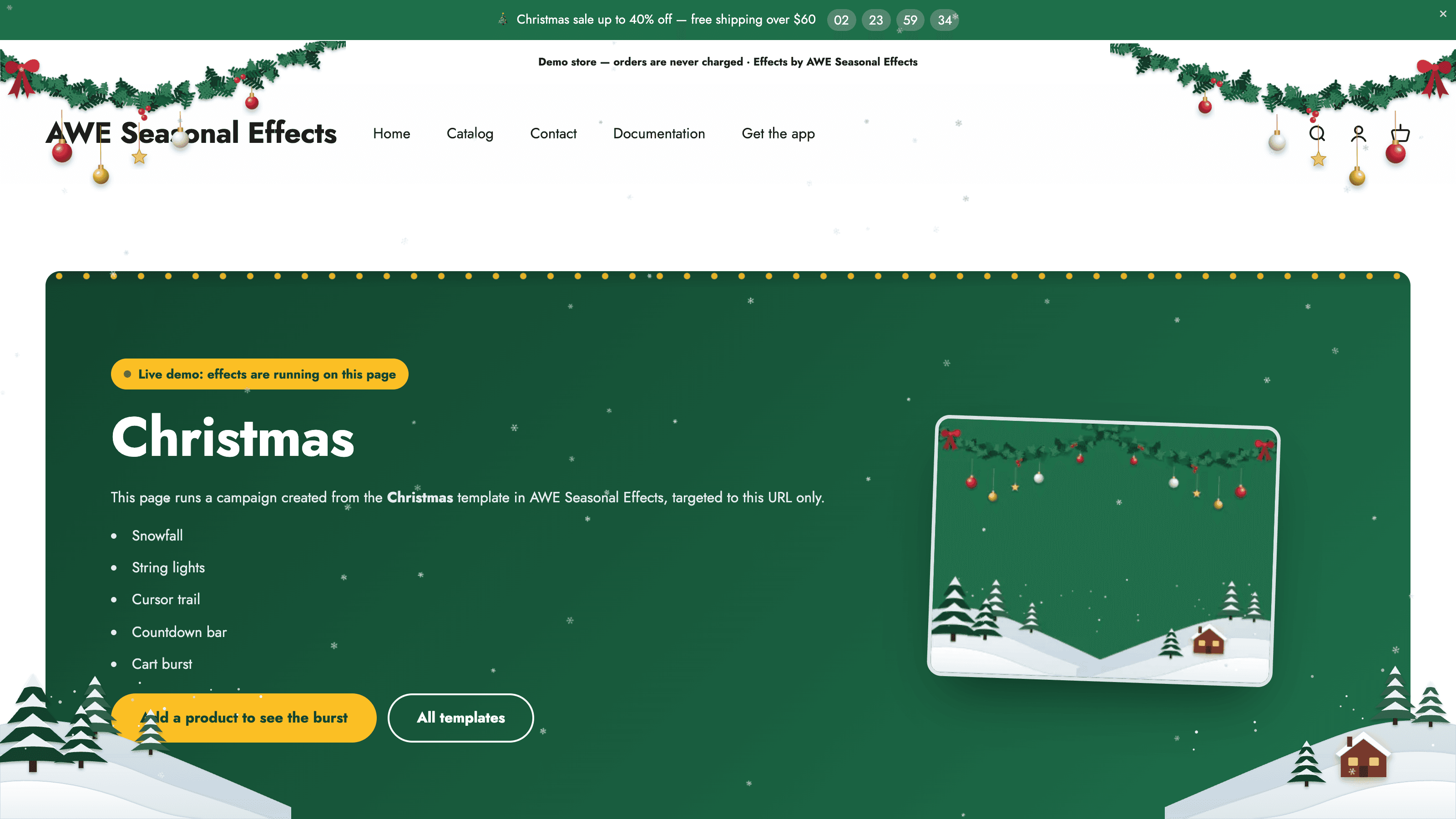 Christmas decorations and snow effects for a Shopify storefront
